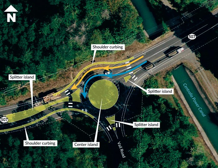 A conceptual view shows the proposed roundabout at state Route 507 at Vail Road Southeast.